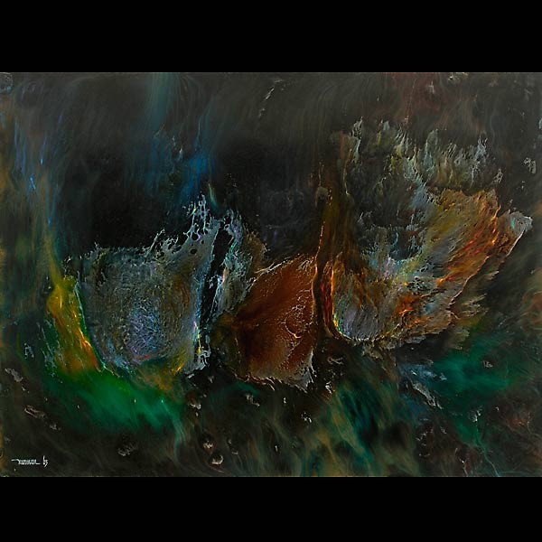 Leonardo Nierman. "Color Abstraction" Oil: LEONARDO NIERMAN (Mexican, b. 1932) Color Abstraction Oil on Masonite, 1965 24 x 31 1/2 inches Signed and dated '65 lower left Very good condition: Craquelure across right side. Framed