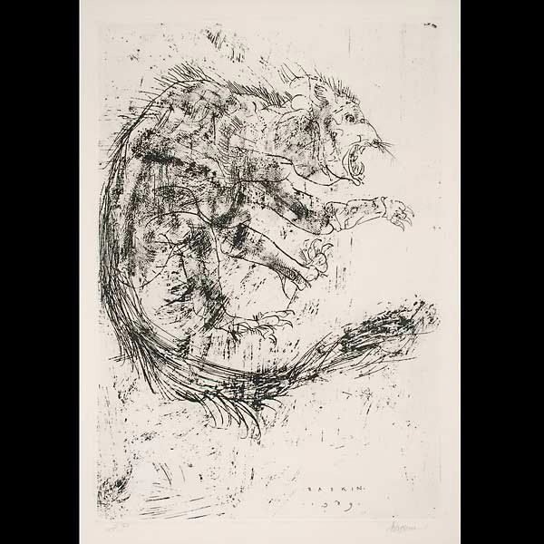 Leonard Baskin. "Rampant Beast" Etching: LEONARD BASKIN (American, 1922-2000). "Rampant Beast". Etching, 1969. Singed lower right; inscribed "A.P." (artist's proof) lower left. Image: 18 x 12 inches. Appears to be in excellent condition. Mat