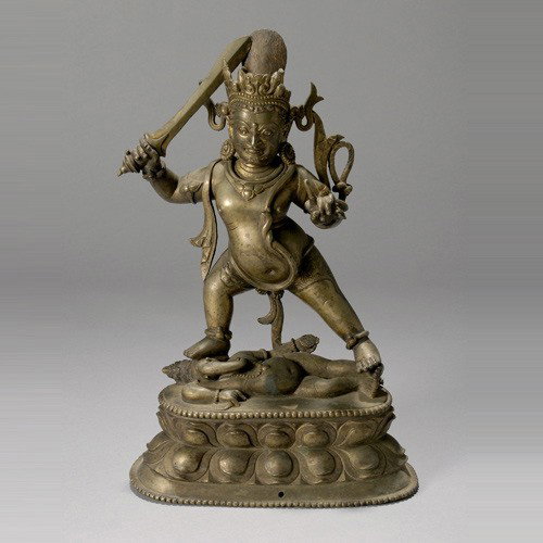 TIBET a bronze Buddhist protective deity: TIBET a bronze Buddhist protective deity. Possibly 19th century. Height 12 1/4 inches. Not sealed, traces of gilt. Sale to benefit the programs of Folk Art International Resources for Education, a non
