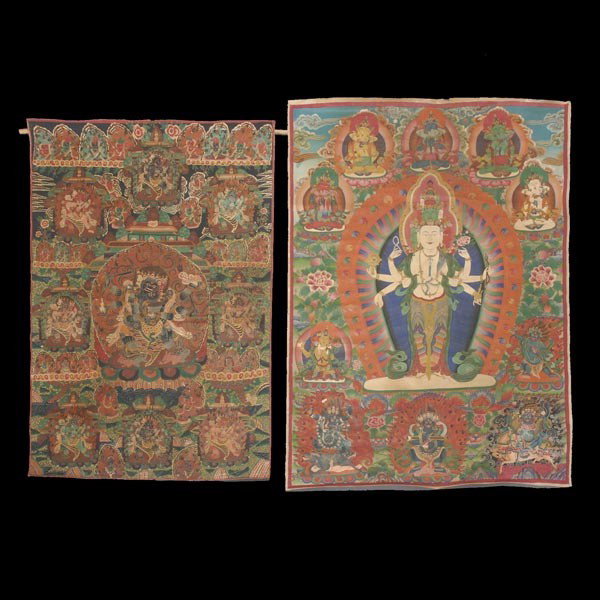 Two Tibetan thangka paintings: Two TIBETAN Buddhist thangka paintings, 20th century. Pigment on canvas. Height of largest 47 inches. Both in very good condition, not mounted.