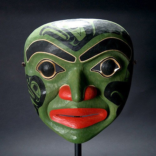 Jim Charlie frog prince mask: JIM CHARLIE (Squamish). "Prince of the frogs taking his people into hibernation". Painted cedar. Signed and titled verso. Height 10 inches. In very good condition. Sale to benefit the programs of Folk