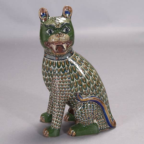 Tonala ceramic cat attr. Jorge Wilmot: Tonala, Mexico, ceramic feline, attributed to JORGE WILMOT (born 1928). Height 19 1/2 inches. In very good condition.