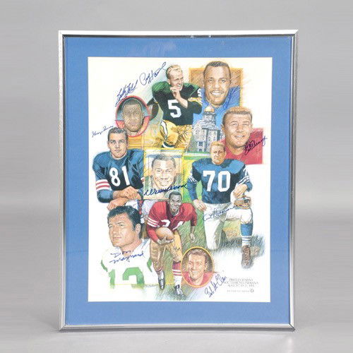 TEN FOOTBALL HALL OF FAMERS, SIGNED POSTER: TEN FOOTBALL HALL OF FAMERS, SIGNED POSTER. Poster includes Paul Horning, Art Donovan, Don Maynard and others.