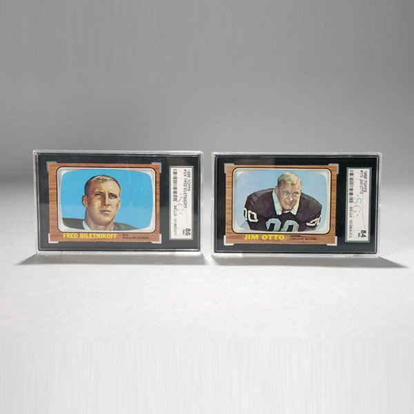 Two 1966 Topps Football Cards.: Two 1966 Topps Football Cards. Graded by SCG #104 Fred Biletnikoff near mint + 86 and #115 Jim Otto near mint 84.