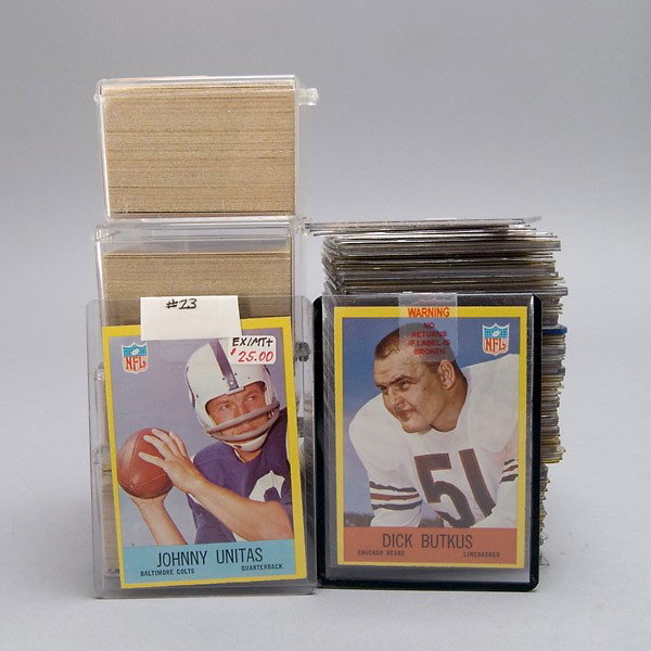 1967 Philadelphia Football Large Card Lot.: 1967 Philadelphia Football Large Card Lot. Key Cards: #23 J. Unitas, #28 D. Butkus, #29 M. Ditka, #35 G. Sayer (x2), #43 L. Kelly (R) (x2), #57 D. Meredith, #58 D. Reeves (R), #82 B. Stann (x2), #106 