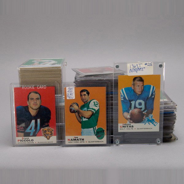 Large Lot of 1969 Topps Football Cards.: Large Lot of 1969 Topps Football Cards. Key cards: #25 J. Unitas, #26 B. Piccolo (R), #100 J. Namath, #139 D. Butkus and #125 B. Starr. Overall condition excellent +.