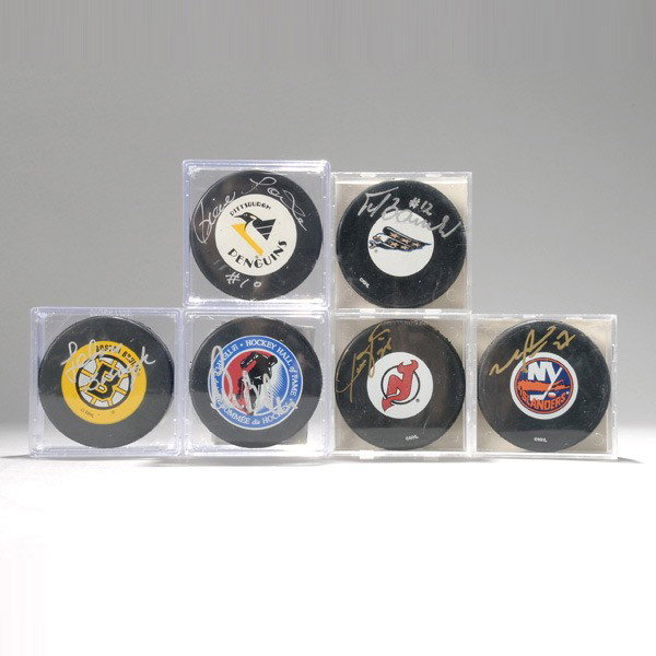 6 Autographed Pucks, 3 Factory Sealed from Topps.: Lot of Six Autographed Pucks,Three Factory Sealed from Topps. Jason Arnott, Peter Bondra and Michael Peca with Hofer Bill Barber COA from Coaches Corner and Johnny Bucyk and Pierre Lerouche together o