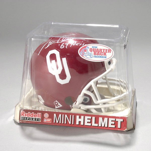 Oklahoma Mini Helmet Signed by Steve Owens: Oklahoma Mini Helmet Signed by Steve Owens, COA from Creative Sports Ent.. Inscribed "69 Heisman"