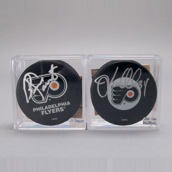Two Single Signed Philadelphia Flyers Pucks: Two Single Signed Philadelphia Flyers, Each with COA from Consolidated Auctions LLC Bennie Parent and John Van Biesbrouck