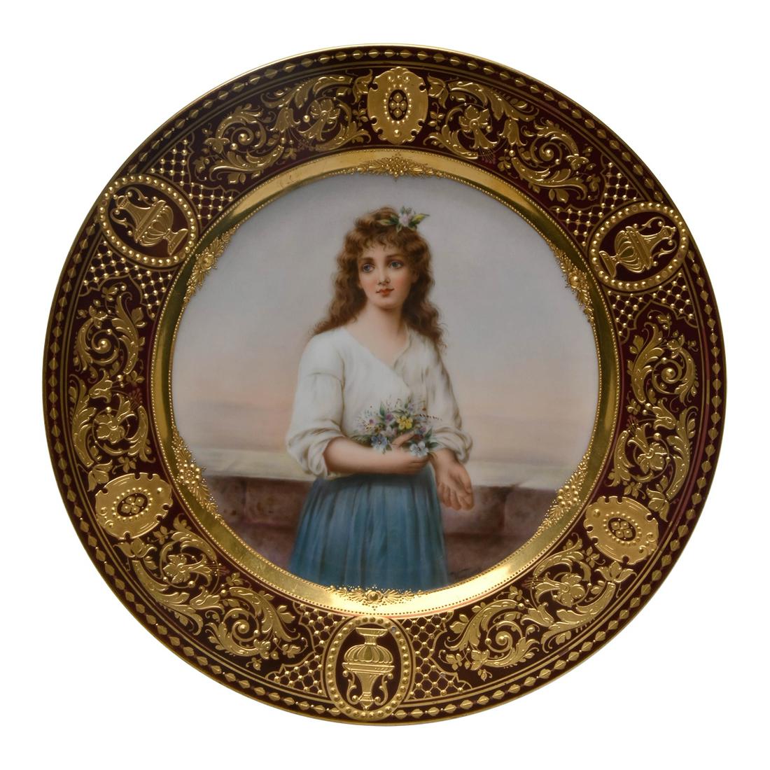 Vienna Porcelain Cabinet Plate after Martinez.: Vienna Porcelain Cabinet Plate after Martinez. The brown rim embellished with gilt paste rouletted foliate and floral designs, with urns in cartouches. Foliate sprays to cavetto. The well painted in p