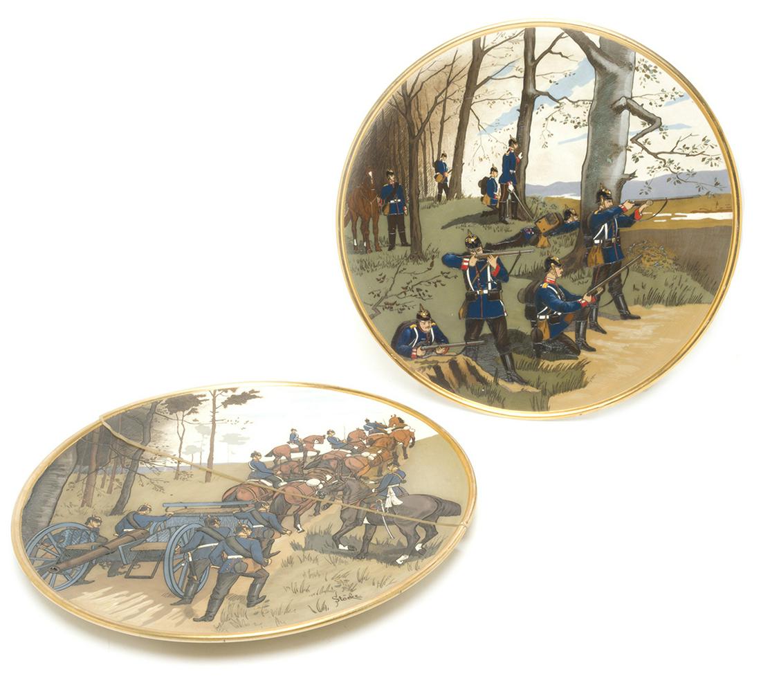 Two Mettlach Pottery Etched Charger Plaques, Military. (1 of 4)