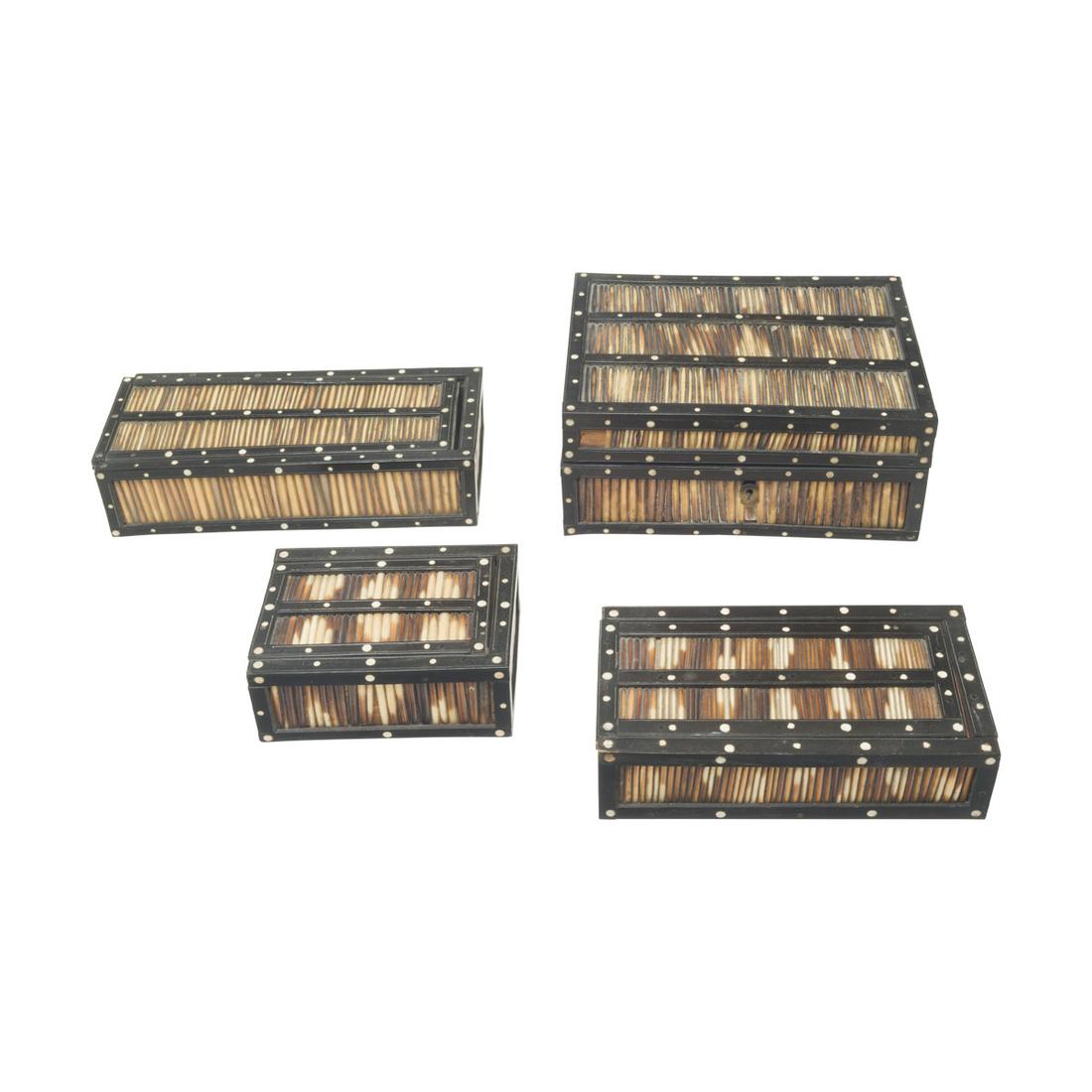 Four Colonial Quill and Inlaid Cage Boxes: Four Colonial Quill and Inlaid Cage Boxes. Ebonized wood and porcupine quills, bone inlay. {Approximate dimensions overall: 1 7/8 - 3 1/4 high x 4 7/8 - 8 3/8 wide x 3 5/8 - 6 1/8 inches deep.}. Condi