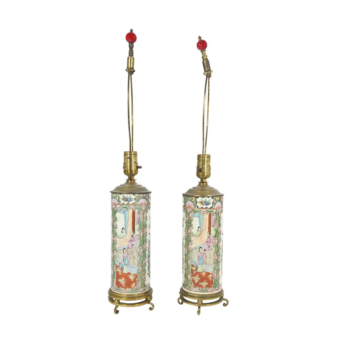 Pair Chinese Export Porcelain Rose Medallion Lamps. (1 of 3)