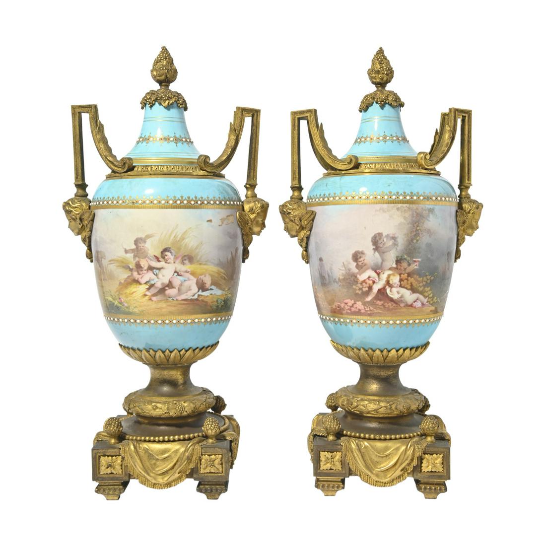 Pair of Sevres Style Porcelain and Gilt Bronze Vases. (1 of 3)