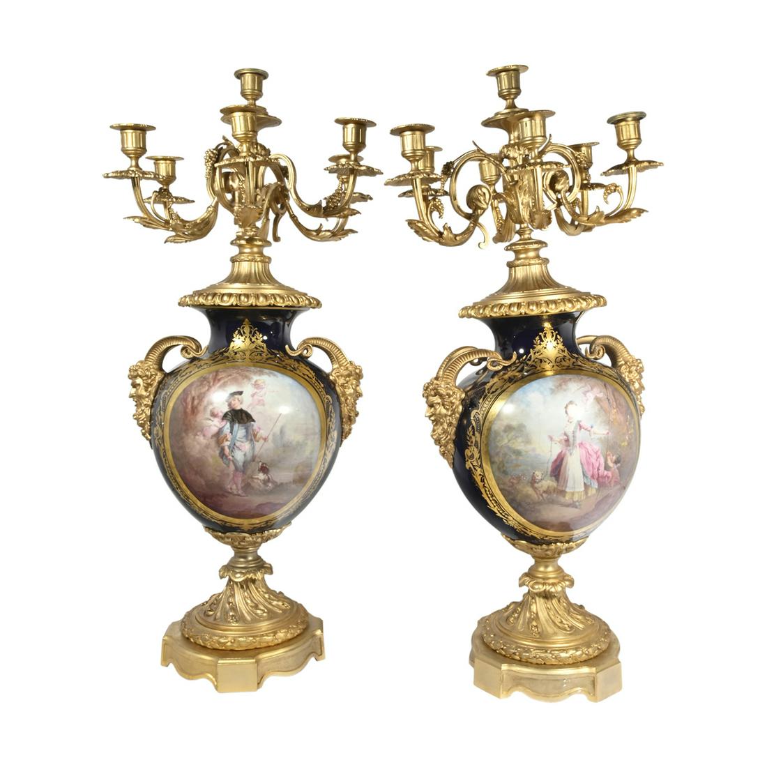 Pair of Sevres Style Urns Mounted as Candelabra. (1 of 3)