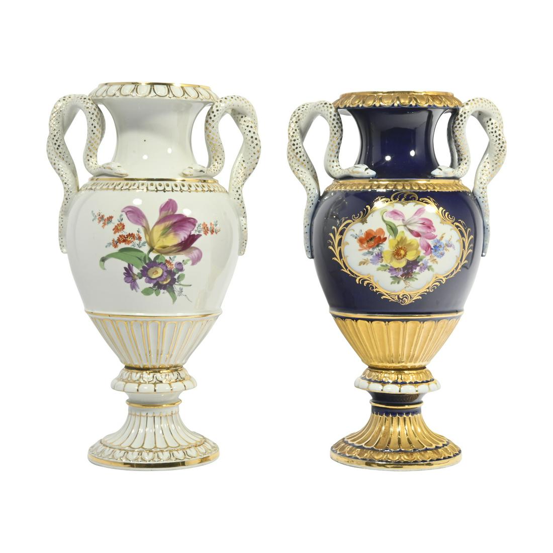 Two Meissen Porcelain Snake Handle Vases. (1 of 3)