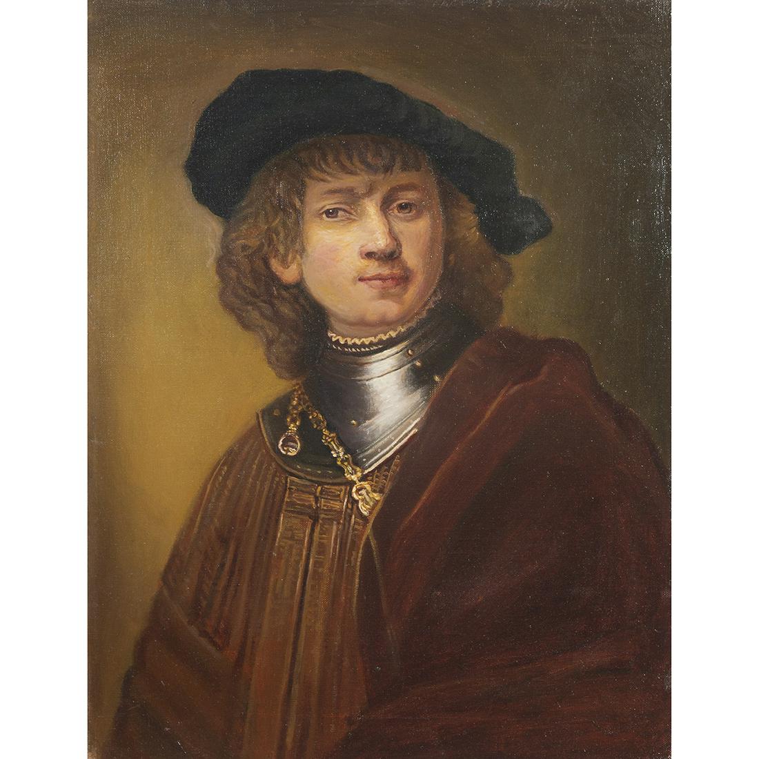 After Rembrandt, 'Tronie' of a Young Man: After REMBRANDT VAN RIJN (Dutch, 1606-1669), 'Tronie' of a Young Man with Gorget and Beret, Oil on Canvas, Canvas Approximate 16 " x 12", unframed. Not signed. Info Verso. Original work is located at
