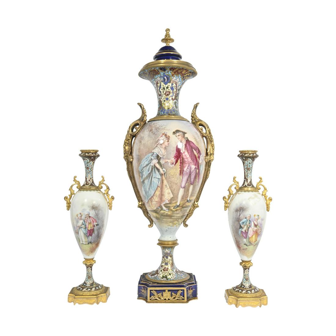 Suite of Three French Porcelain and Enamel Urns. (1 of 3)