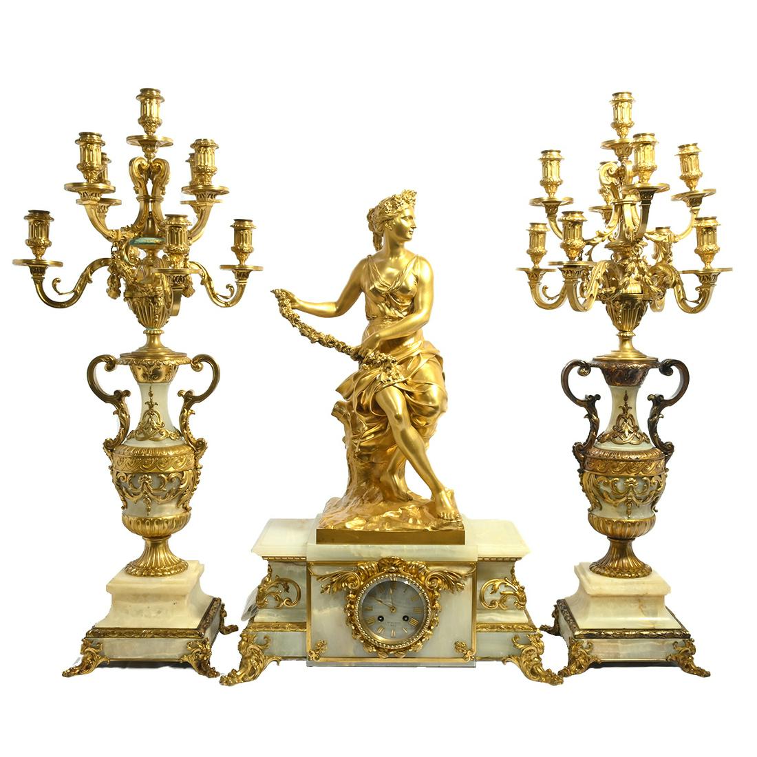 Barbedienne Onyx and Ormolu Figural Clock Garniture. (1 of 4)