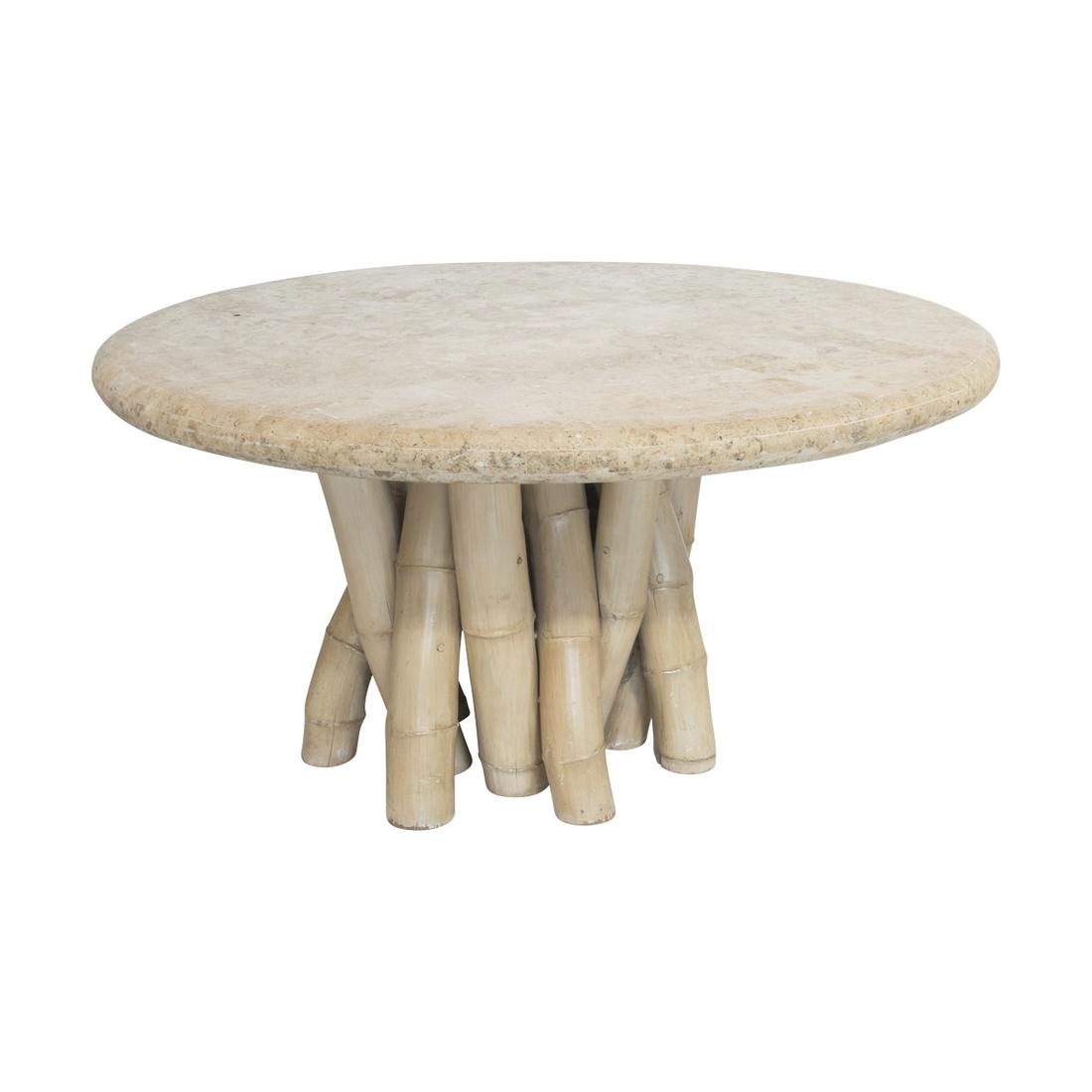 Mid-Century Travertine & Bamboo Circular Dining Table (1 of 3)