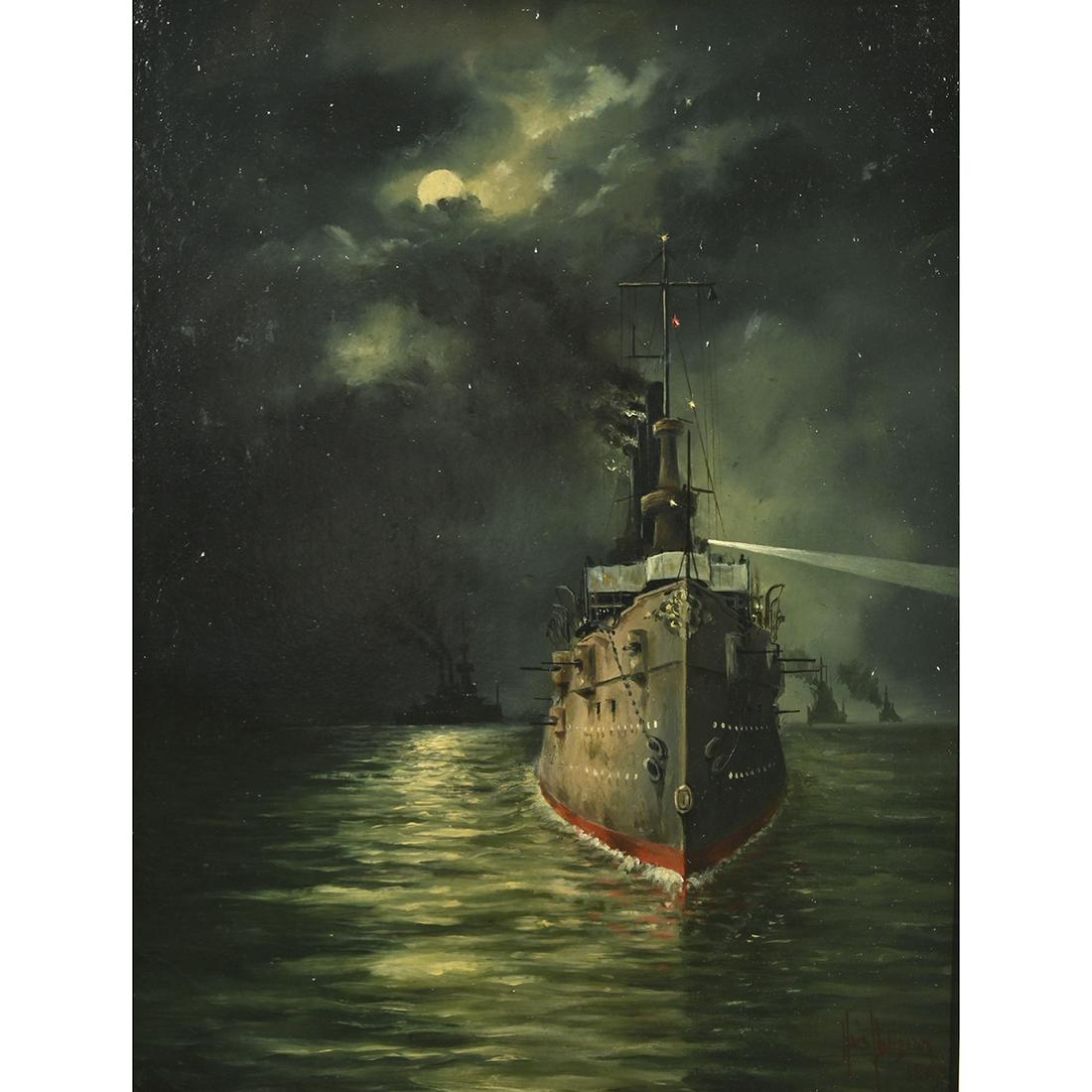 Haig Patigian, Warships in Moonlight: HAIG PATIGIAN (American/Armenian, 1876-1950), Warships in Moonlight, 1900, oil on cardboard, cardboard: 13.13 x 10 inches, framed: 19 x 14 inches. signed and dated lower right. With Oakland Museum Art