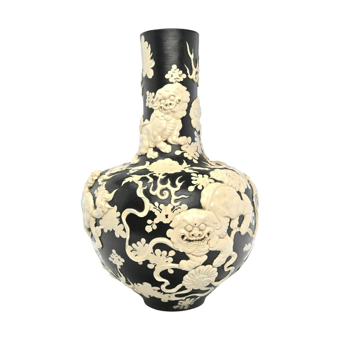 Large Black Ground Molded Foo Dog Tianqiuping Vase (1 of 3)