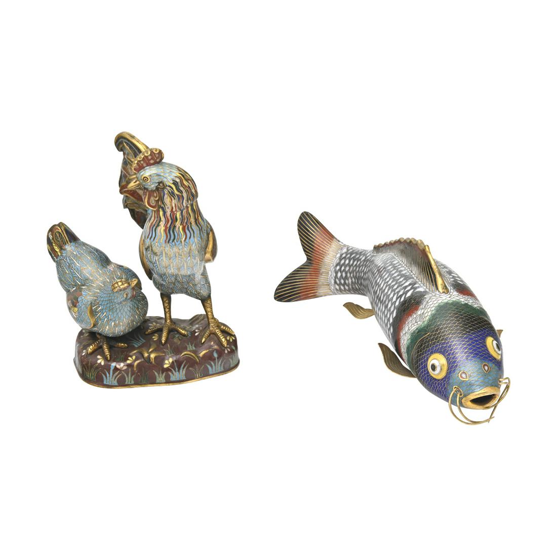 Two Chinese Cloisonne Items: Koi Fish and Chicken Group (1 of 3)