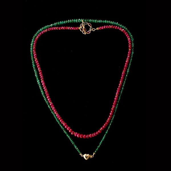 EMERALD, RUBY, SAPPHIRE, 14, 18K Y/G NECKLACES.: COLLECTION OF EMERALD, RUBY, SAPPHIRE, 14K, 18K YELLOW GOLD NECKLACES. Including one faceted emerald bead, 14k yellow gold 18 inch necklace together with one faceted ruby bead, 18k yellow gold 15 inch