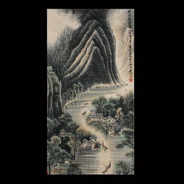 A Hanging Scroll: Landscape: A Hanging Scroll: Landscape, ink and color on paper, titled, dated, bearing a signature 'Li Keran', multiple seals {Image 131 x 66 cm}