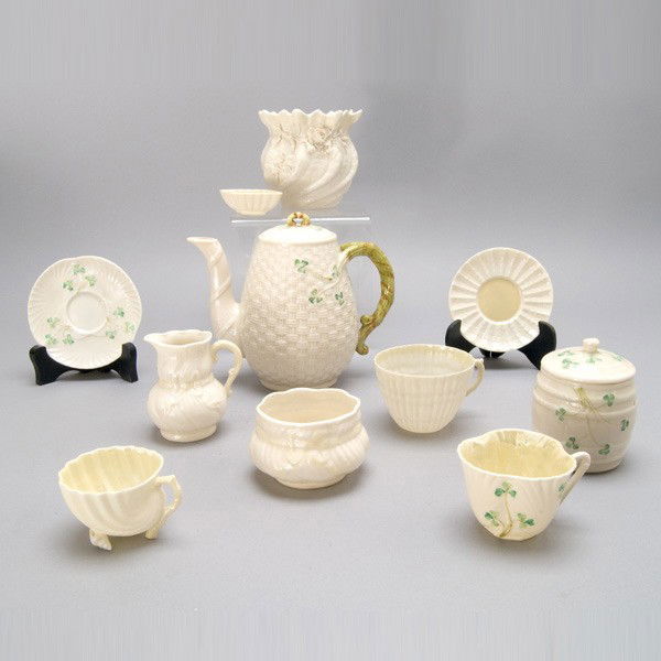 Assembled Group of Belleek Wares: Assembled Group of Belleek Wares: two cups and saucers; a teapot (height 6 1/2 inches); a covered mustard; a cream and sugar; a vase (cracked); a small dish; and another tea cup (11) [Except where not