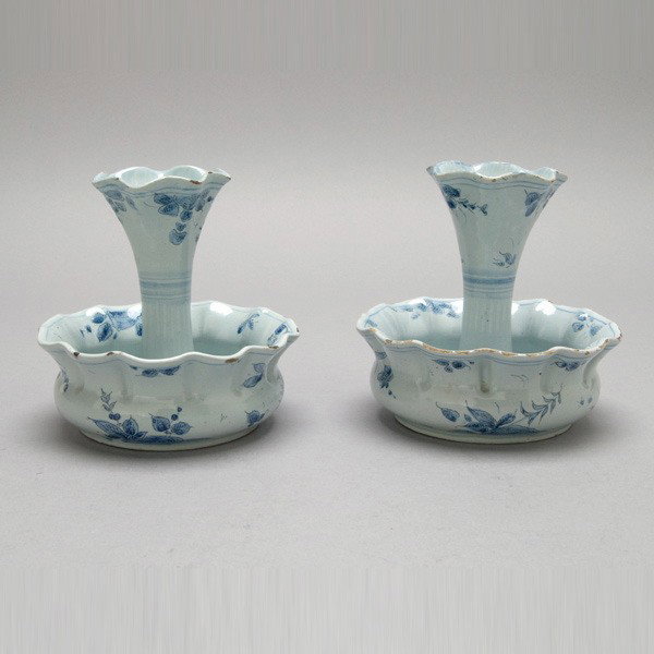 Pair of French Faience Candlestands, 19th C: Pair of French Faience Candlestands, 19th Century {Height 4 3/4 inches} [Areas of wear]