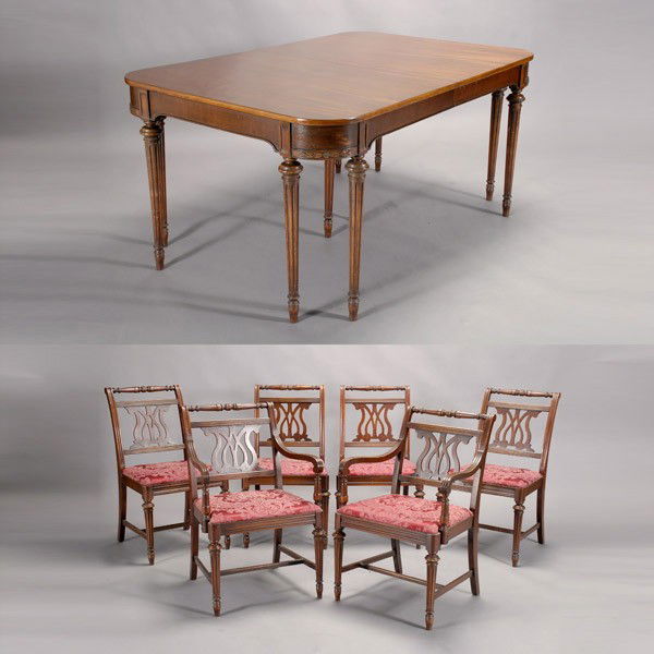 Bernhardt Furniture Mahogany Dining Table & Chairs: Duncan Phyfe Style Mahogany Dining Table with two leaves, Bernhardt Furniture; together with set of six chairs, two arm and four side {Dimensions of table 39 1/4 x 64 x 41 inches; dimensions of arm ch