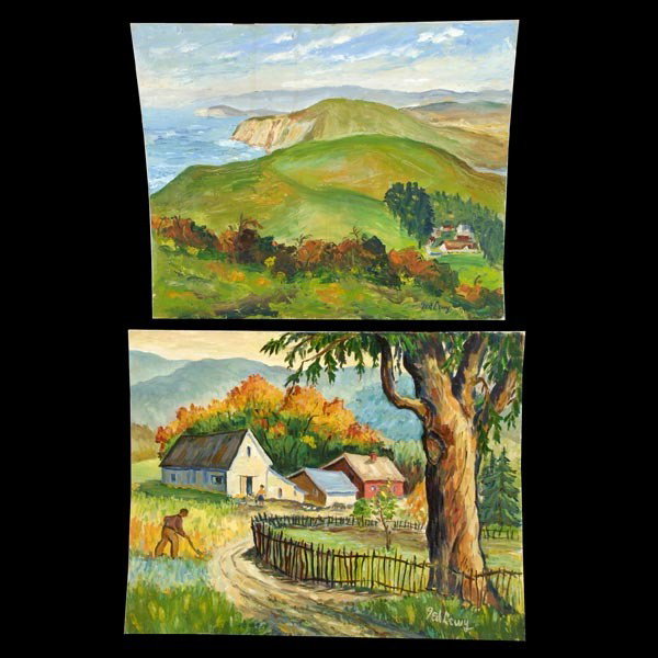 Ted Lewy. 2 works Oil on board: TED LEWY. (American, 1912 - 1963) 2 works: "In the Canyon" & "Lands's End-Marin" Oil on canvas board. 20 x 24 & 22 x 28 inches. Signed lower right. Verso: Title and artist info. Good/ fair condition: 