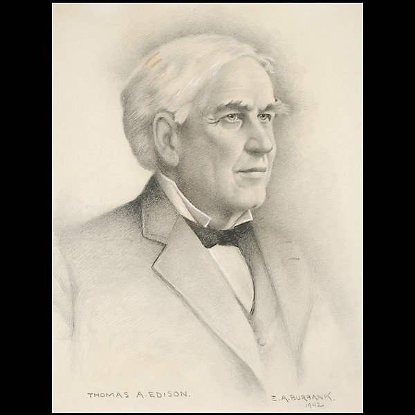 E A Burbank. "Thomas Edison" Charcoal & Gouache: ELBRIDGE AYER BURBANK. (American, 1858 - 1949) "Thomas Edison" Charcoal and gouache on paper, 1942. Image: 13 3/4 x 10 1/4 inches. Signed and dated lower right. Very good condition. Framed, matted, an