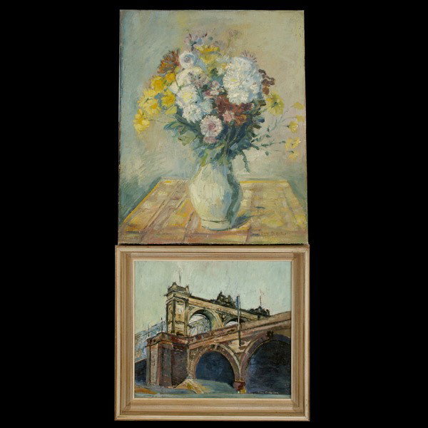 Two oils by OTTO DITSCHER 1930s: OTTO DITSCHER. (German, 1903-1987) Two paintings: "Rheinbrucke, Mannheim" 1930-31. Oil on board. Signed lower right. Verso: Titled and dated. Sight: 17 x 19 1/4 inches. Plus "Blumen". Oil on canvas, 1