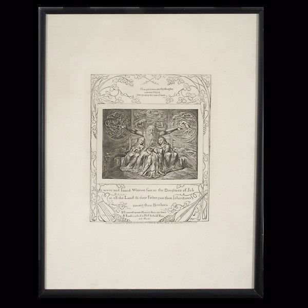 William Blake Book of Job Etching framed.: WILLIAM BLAKE. (British, 1757 - 1827) "The Daughters of Job", plate 20 from the Book of Job. Etching, later impression. Image: 7 3/4 x 5 7/8 inches. Good condition. Framed and glazed.