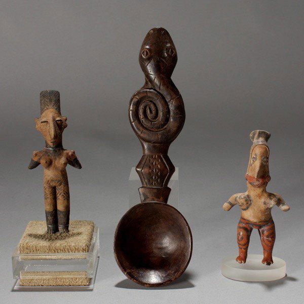 3 items: Jalisco style figures and wooden spoon: Three items including two miniature JALISCO style ceramic figures and a wood spoon with snake handle. Provenance: the estates of Douglas Hague and Jorge Euan, San Francisco, CA. Collected in the 1960s