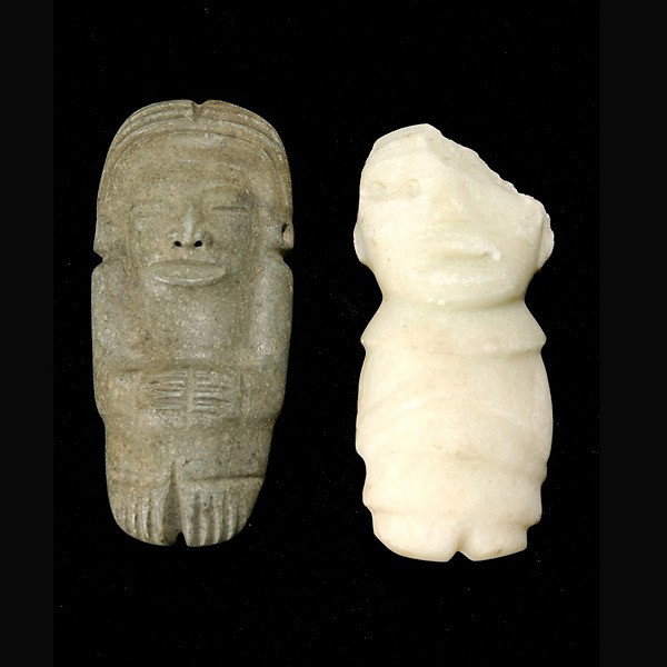 2 guerrero or mezcala stone figures: Two GUERRERO or MEZCALA stone figures. One pierced on back for suspension. Circa A.D. 300-600. Height of one 4 inches. Provenance: the estates of Douglas Hague and Jorge Euan, San Francisco, CA. Colle