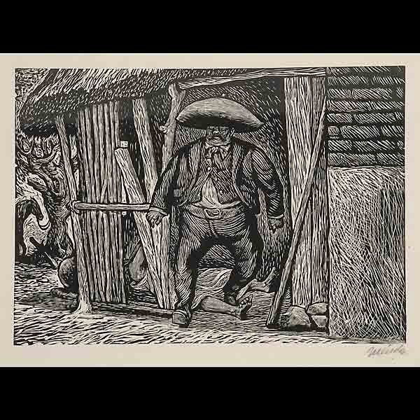Leopoldo Mendez linocut: LEOPOLDO MENDEZ (Mexican, 1902-1969). "Después de la violación". Linocut. Signed lower right. Image: 11 3/4 x 16 1/2 inches. Provenance: the estate of Emerson Woelffer, Los Angeles, CA. Appears to b