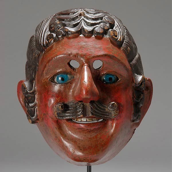 guatemalan mask: GUATEMALAN mask. Painted wood with painted glass eyes. Height 7 inches. in good condition. On a stand. Provenance: the estates of Douglas Hague and Jorge Euan, San Francisco, CA. Collected in the 1960