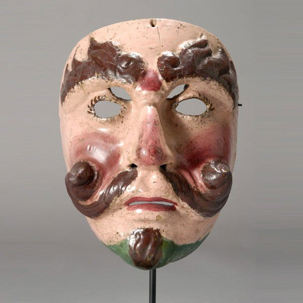 guatemalan mask: GUATEMALAN mask. Painted wood. Probably a Christian from the dance of the Moors and Christians. Height 9 inches. In very good condition, minor loss to left side at back, minor paint loss and cracks. P