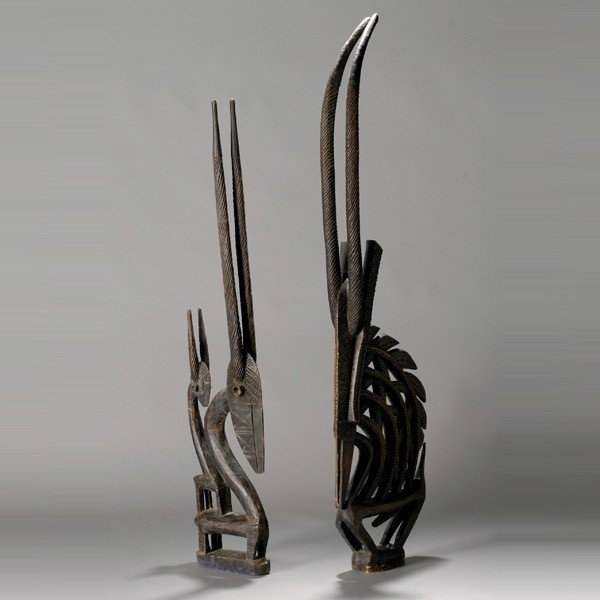 male/female pair bambara antelope headresses: Male/female pair BAMBARA antelope headresses, chi wara. Blackened wood. Height of male 40 3/4 inches. Both in very good condition. Provenance: the estates of Douglas Hague and Jorge Euan, San Francisc