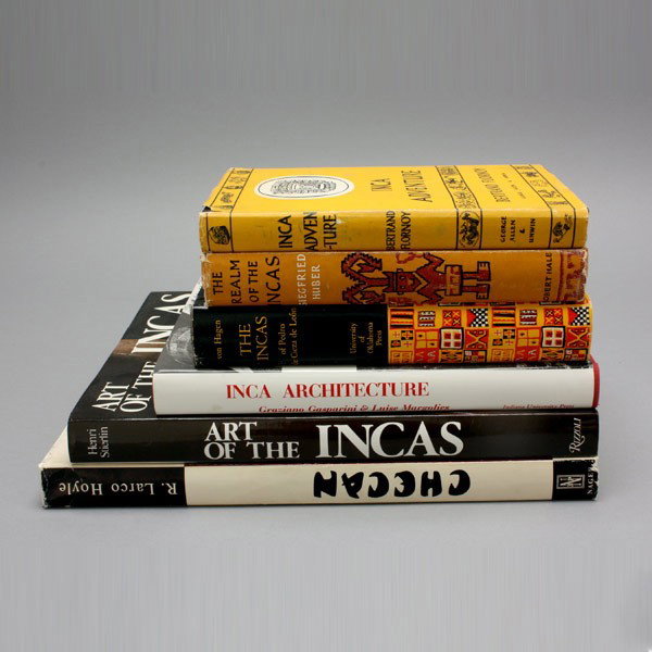 6 books ancient Peruvian cultures: Six books on ancient Peruvian cultures including (abbreviated titles) Checan; Art of the Incas; Inca Architecture; Realm of the Incas; The Incas of Pedro de Cieza de Leon; Inca Adventure. Provenance: 