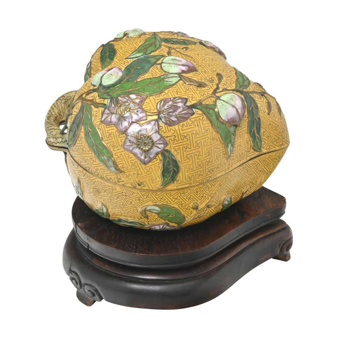 Chinese Yellow Ground Cloisonne Peach Box and Cover (1 of 3)