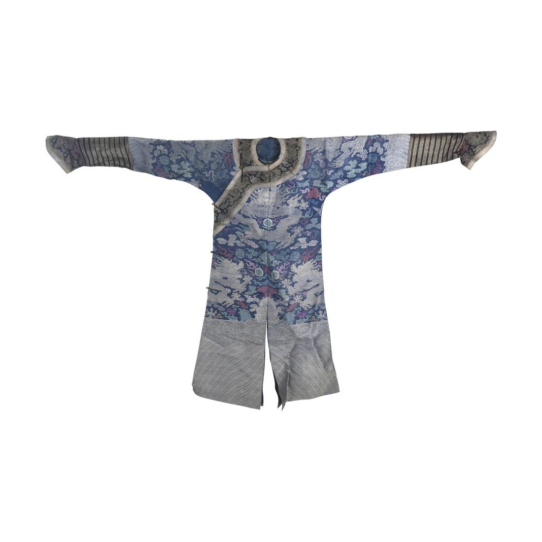 Chinese Blue Ground Embroidered Silk Dragon Robe (1 of 3)