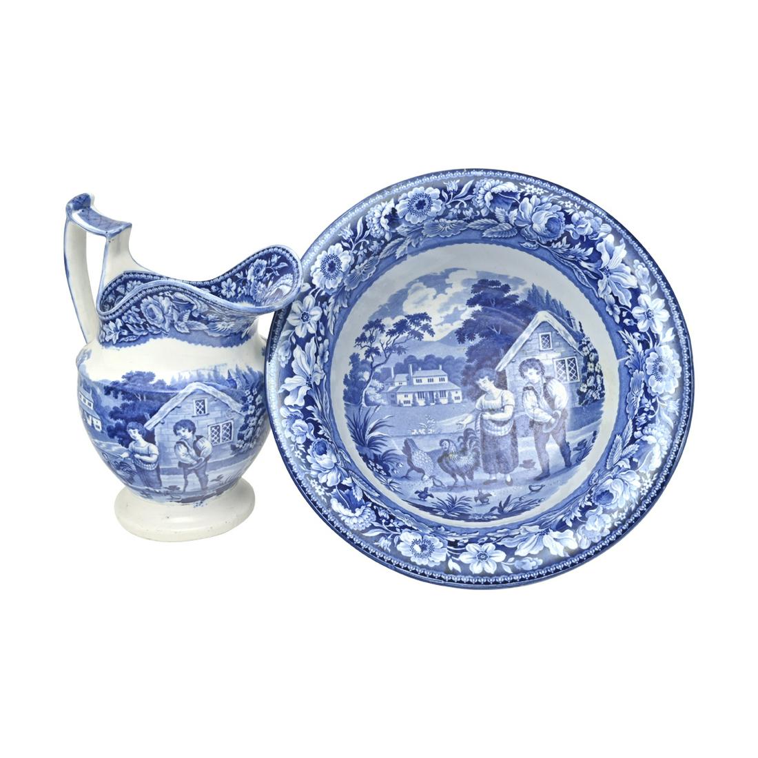 Riley Pearlware Transfer Printed Basin and Jug: Riley Pearlware Transfer Printed Basin and Jug. Blue on white transfer, farm workers motif. 'Riley' mark to the jug inderside. {Approximate dimensions: Bowl 5 3/4 high x 13 1/2 inches diameter, jug 10