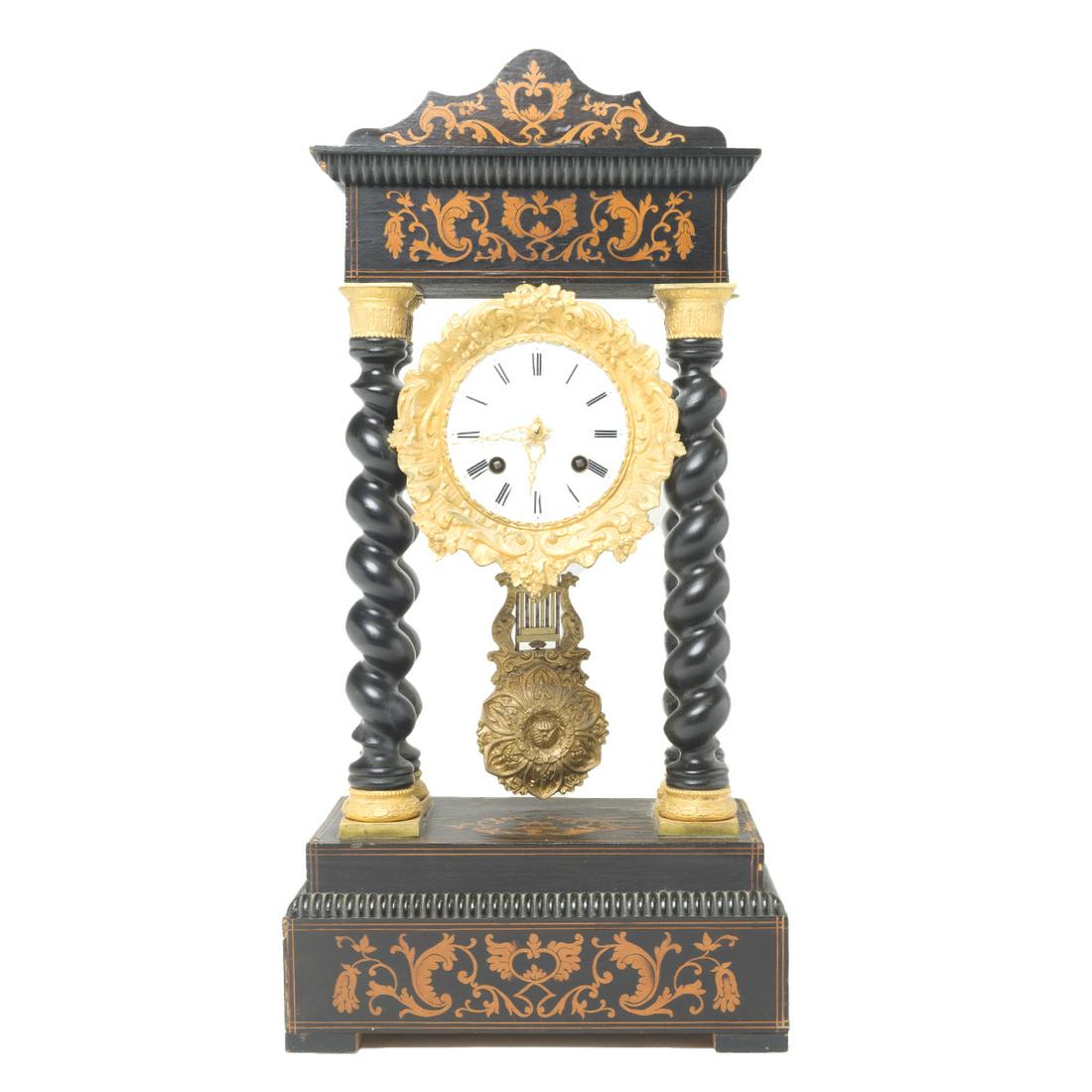 French Ebonized Inlaid Portico Clock (1 of 3)