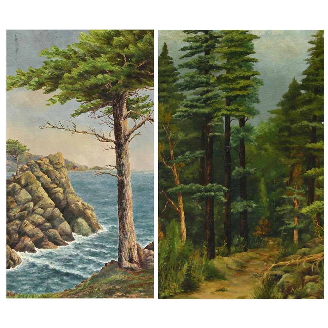 Florence Clark, Carmel Coast and Lagunitas Canyon: FLORENCE GENEVA EVANS CLARK (American, 1876-1949), "Carmel Coast," and "Lagunitas Canyon'' 1929, oils on canvas, canvas (each): 21.5 x 11.75 and 19.75 x 11.5 inches, framed (each): 24.5 x 14.5 and 23