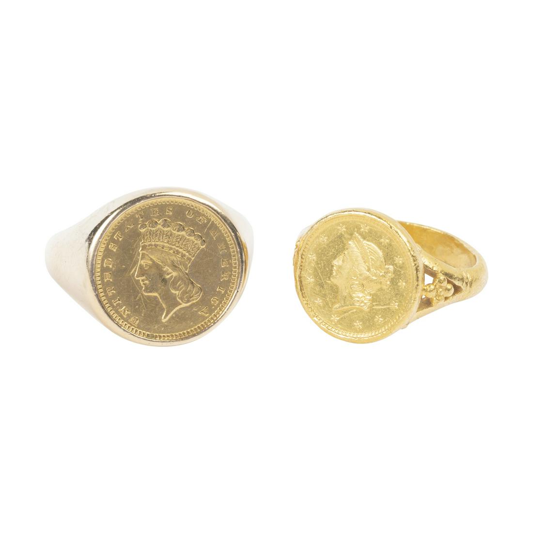Collection of Two US Gold Coin, Yellow Gold Rings. (1 of 3)
