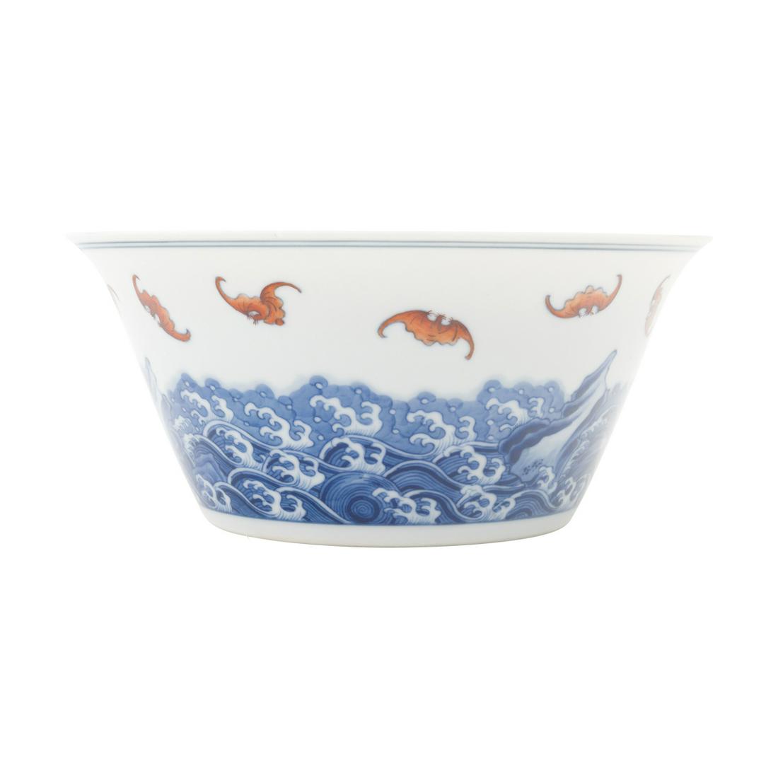 Chinese Blue and White and Iron-Red Bowl, Daoguang Mark: A Chinese Blue and White and Iron-Red Bowl, Daoguang Mark. Potted thinly with steeply flaring sides decorated with hovering bats in iron red above crashing waves in underglaze blue, all below a double